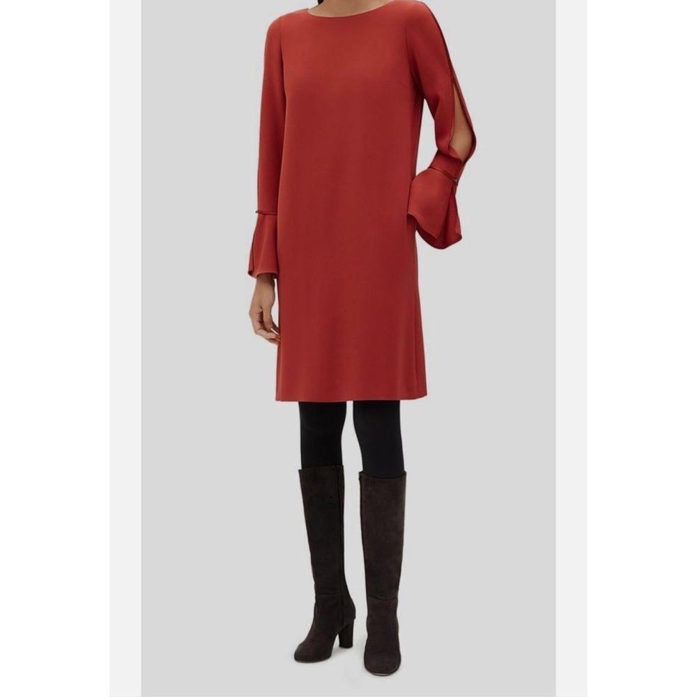 $699 Lafayette 148 Women's Red Jorie Ruffled Long Sleeve Shift Dress Size S